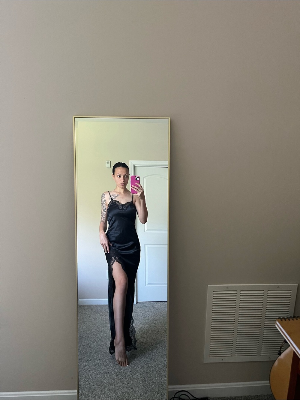 NWT Skims Woven Shine Lace Long Dress Black Satin Slip